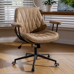 Genpo Mid Century Modern Office Desk Chair with Arms, Camel Brown Faux Leather Computer Chair, Height Adjustable Vintage Swivel Task Chair for Home Office