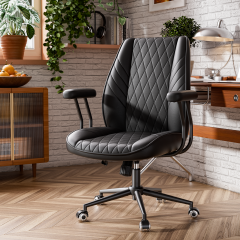 Genpo Black Leather Office Chair with Wheels Rubber Casters, Padded Arms and Adjustable Height, Mid Century Modern Style Vintage Desk Chair