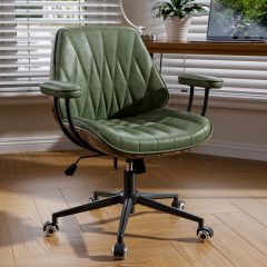 Genpo Mid Century Modern Office Desk Chair with Arms, Olive Green Faux Leather Computer Chair, Height Adjustable Vintage Swivel Task Chair for Home Office