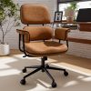 Genpo Desk Chair with Wheels and Arms, Brown Linen Fabric Executive Office Chair with Memory Foam Wide Seat, Padded Arms, Lumbar Support and Adjustable Height