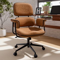 Genpo Desk Chair with Wheels and Arms, Brown Linen Fabric Executive Office Chair with Memory Foam Wide Seat, Padded Arms, Lumbar Support and Adjustable Height