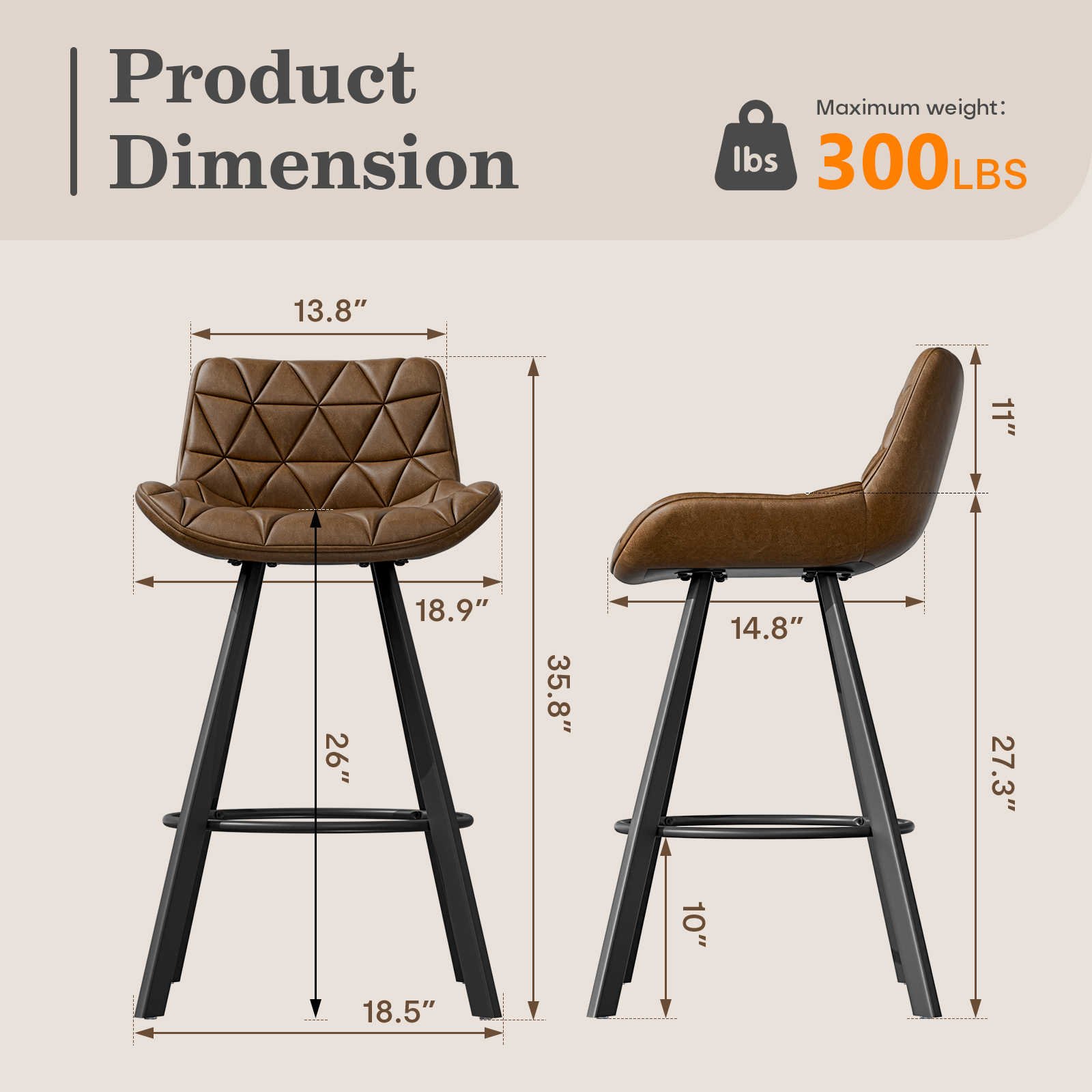 Genpo Bar Stools Set of 6, 26" Kitchen Counter Height Bar Stools with Back Metal Legs and Footrest, Brown Leather Barstools for Kitchen Island - Image 2