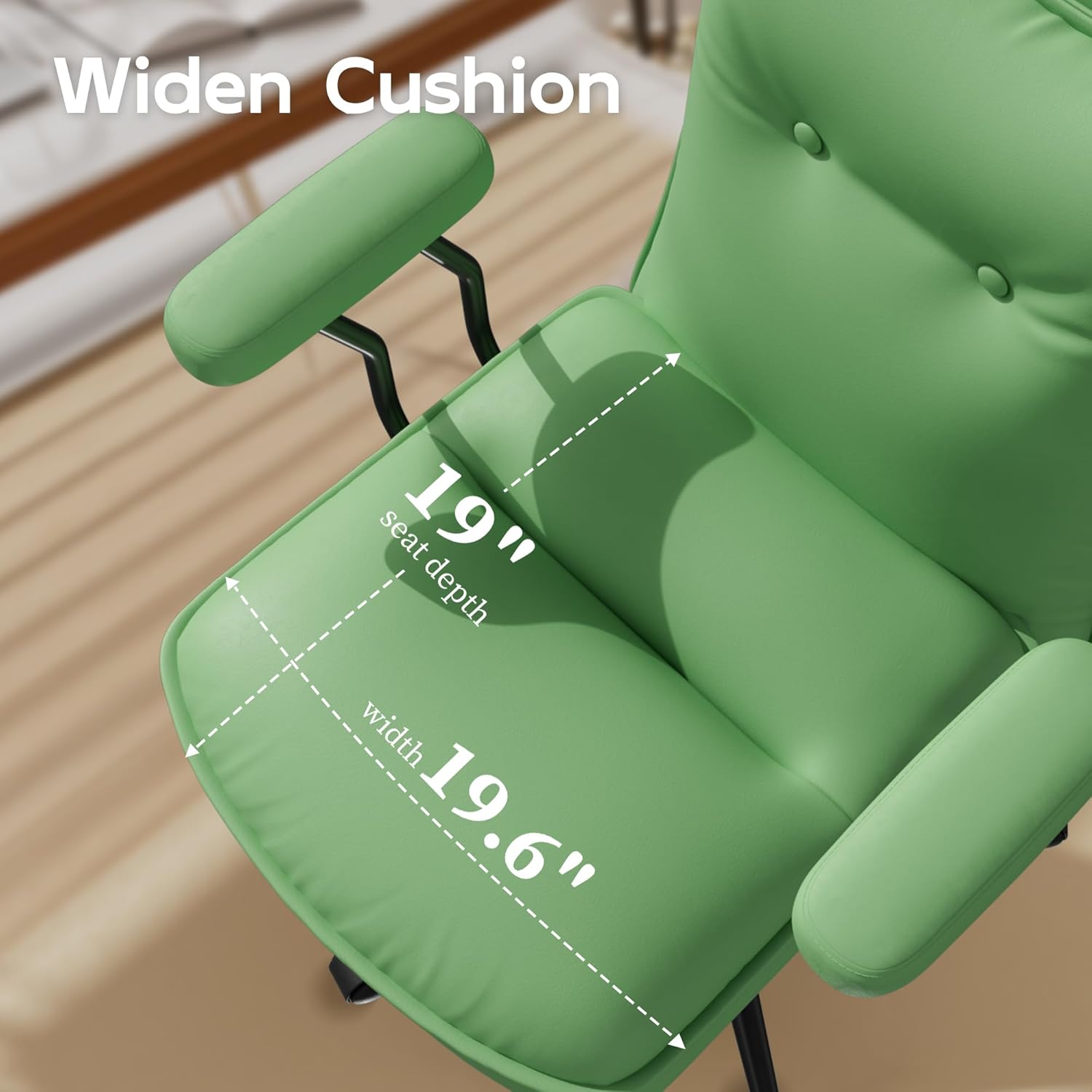 Genpo Green Leather Computer Desk Chairs 300lbs for Adults, Vanity Chair with Wheels, Padded Arms, Thickened & Widened Back and Seat for Home Office Makeup - Image 3