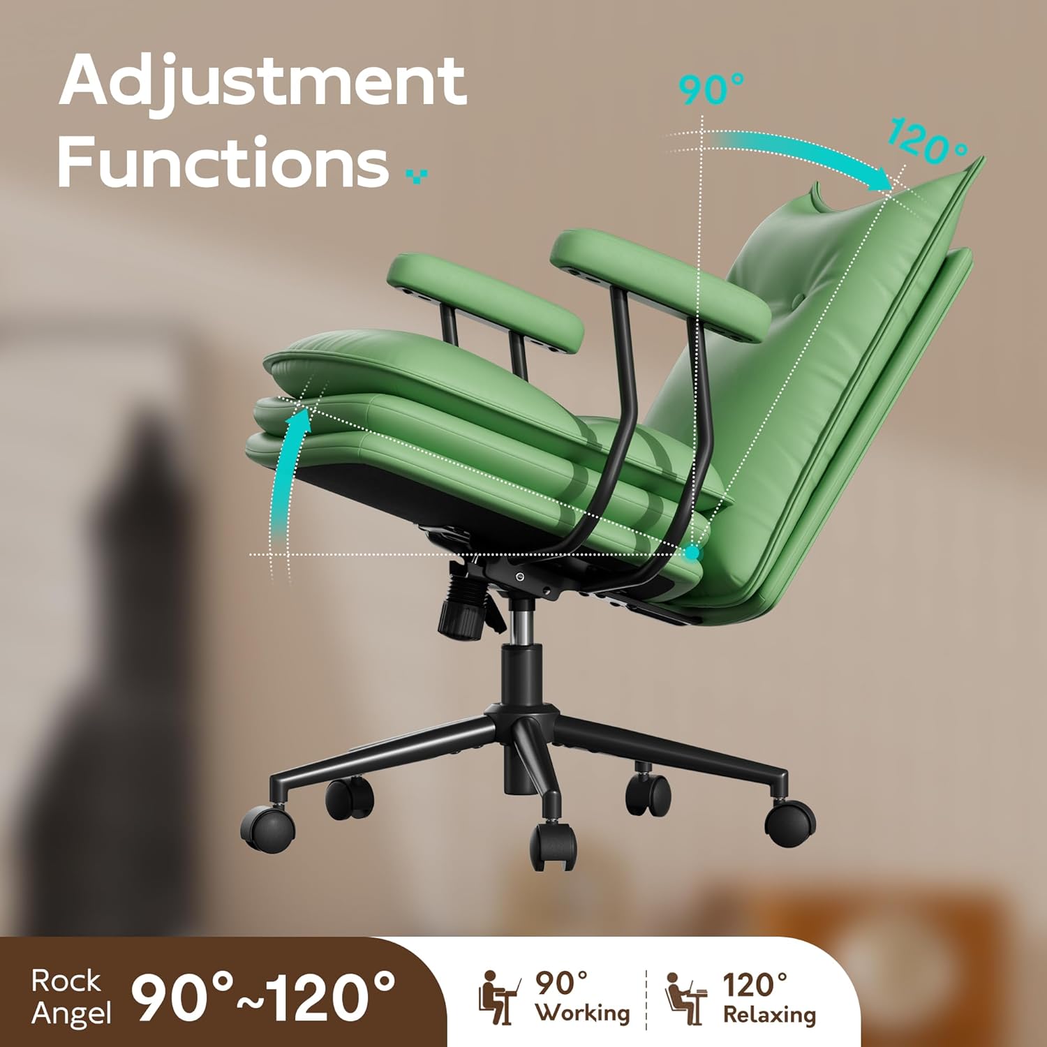 Genpo Green Leather Computer Desk Chairs 300lbs for Adults, Vanity Chair with Wheels, Padded Arms, Thickened & Widened Back and Seat for Home Office Makeup - Image 6