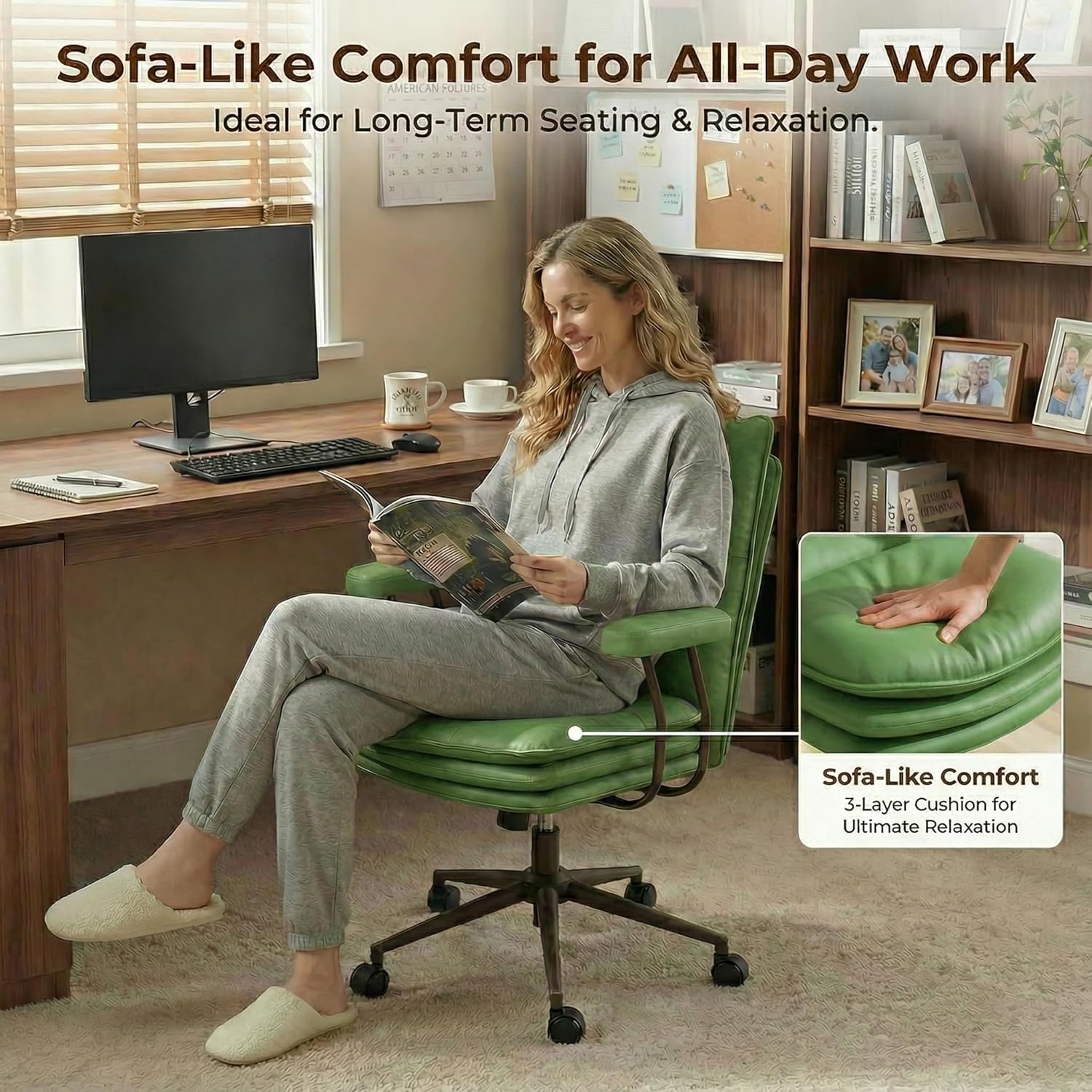 Genpo Green Leather Computer Desk Chairs 300lbs for Adults, Vanity Chair with Wheels, Padded Arms, Thickened & Widened Back and Seat for Home Office Makeup - Image 4
