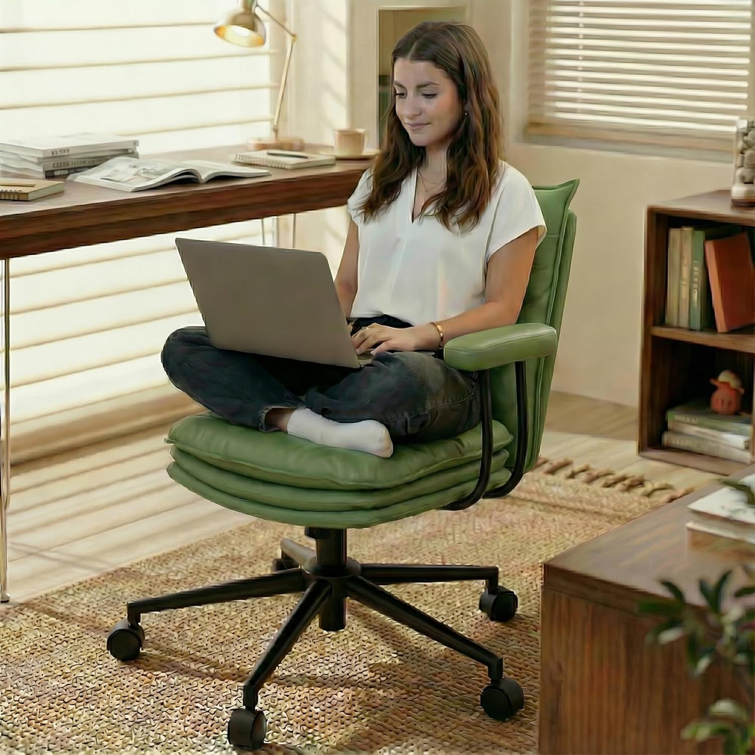 Genpo Green Leather Computer Desk Chairs 300lbs for Adults, Vanity Chair with Wheels, Padded Arms, Thickened & Widened Back and Seat for Home Office Makeup - Image 5