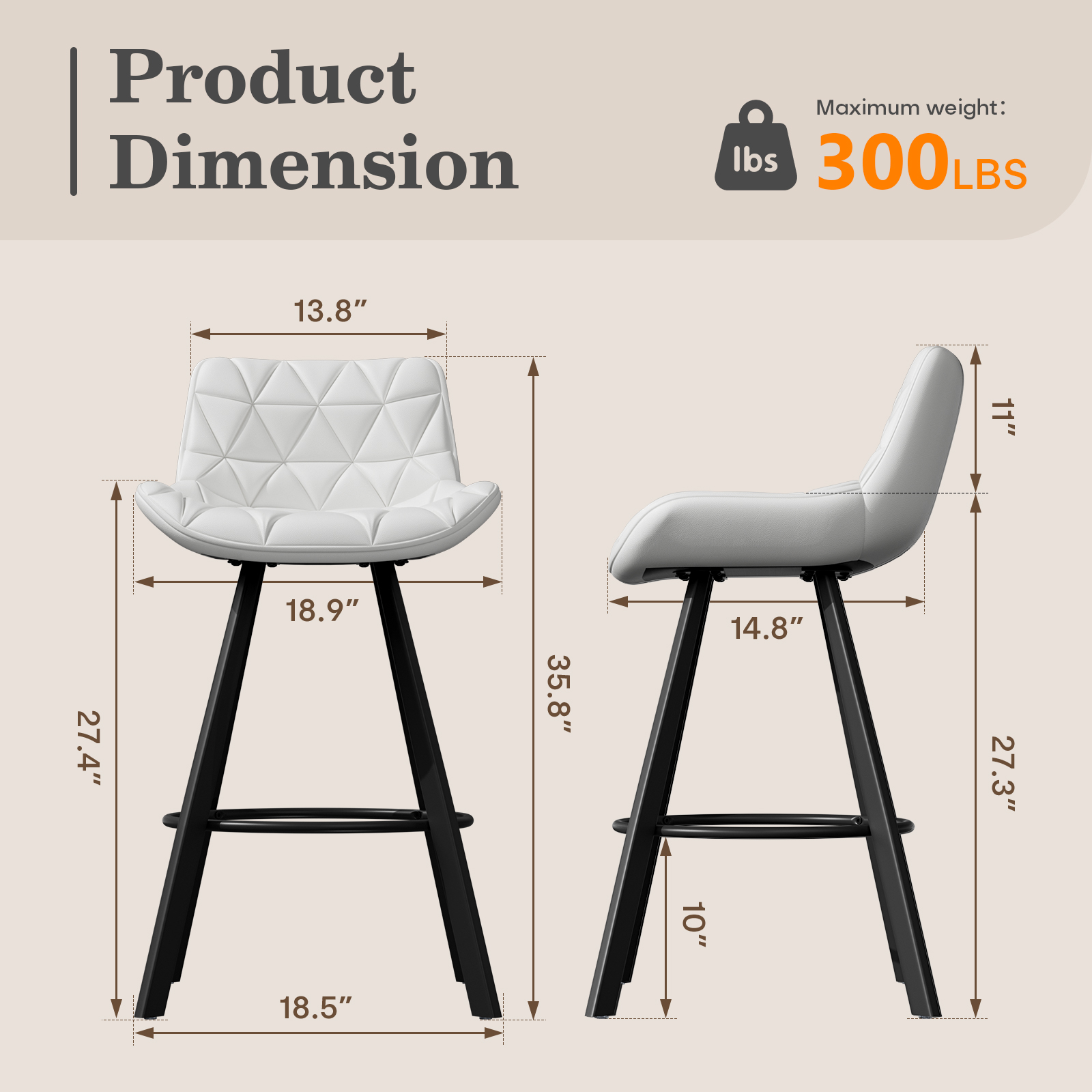 Genpo Bar Stools Set of 6, 26" Kitchen Counter Height Bar Stools with Back Metal Legs and Footrest, White Leather Barstools for Kitchen Island - Image 2