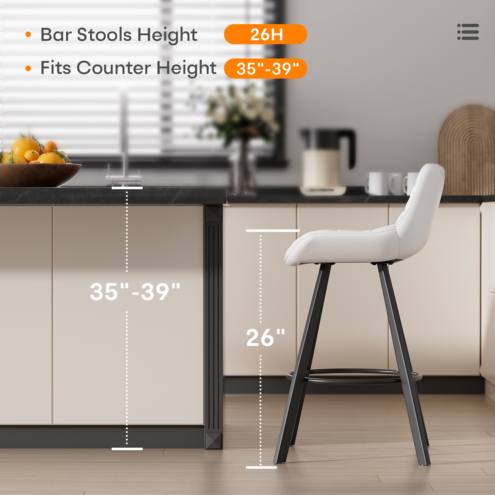 Genpo Bar Stools Set of 6, 26" Kitchen Counter Height Bar Stools with Back Metal Legs and Footrest, White Leather Barstools for Kitchen Island - Image 3