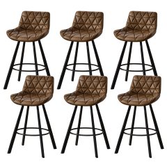Genpo Bar Stools Set of 6, 26" Kitchen Counter Height Bar Stools with Back Metal Legs and Footrest, Brown Leather Barstools for Kitchen Island