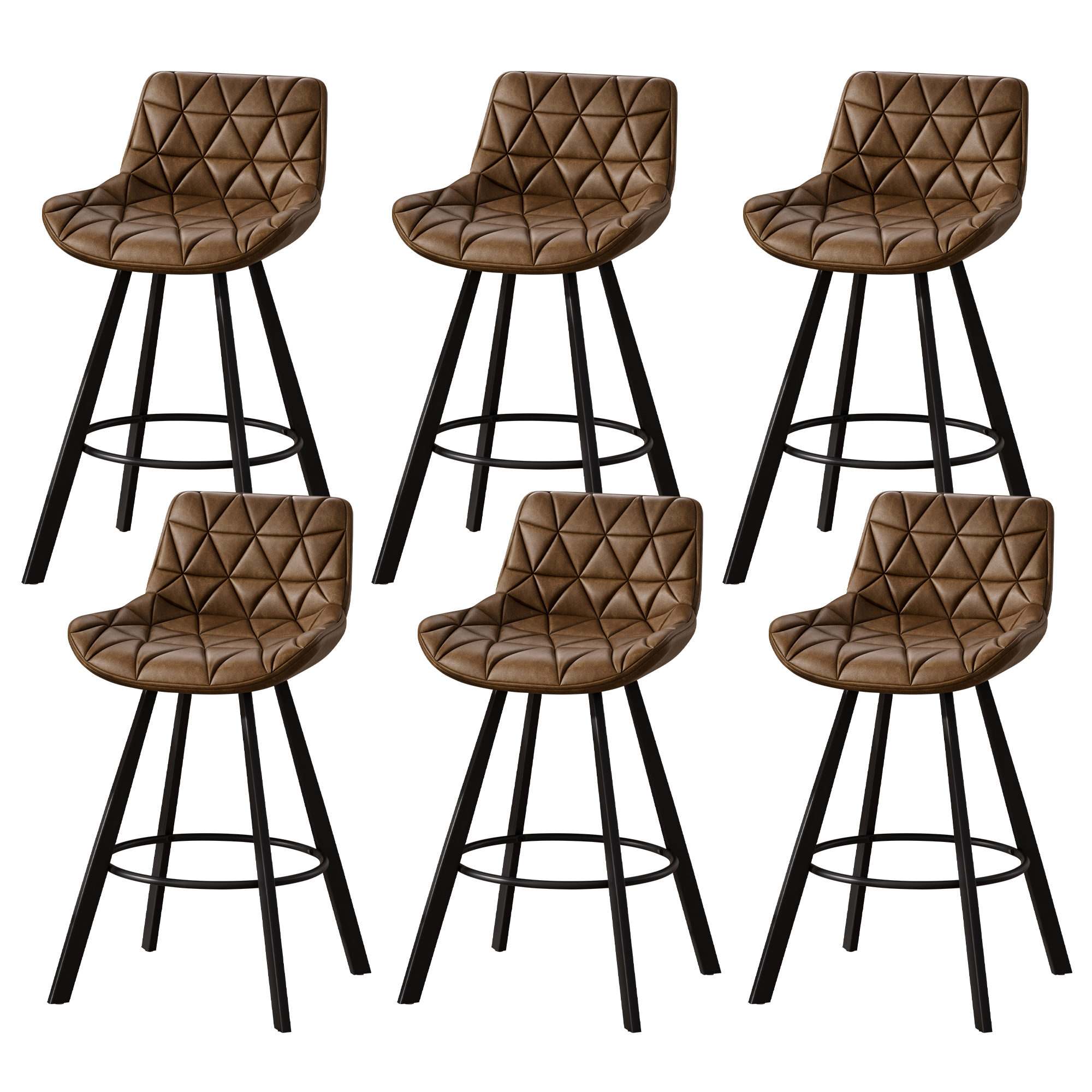 Genpo Bar Stools Set of 6, 26" Kitchen Counter Height Bar Stools with Back Metal Legs and Footrest, Brown Leather Barstools for Kitchen Island