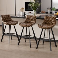 Genpo Bar Stools Set of 3, 26" Kitchen Counter Height Bar Stools with Back Metal Legs and Footrest, Brown Leather Barstools for Kitchen Island