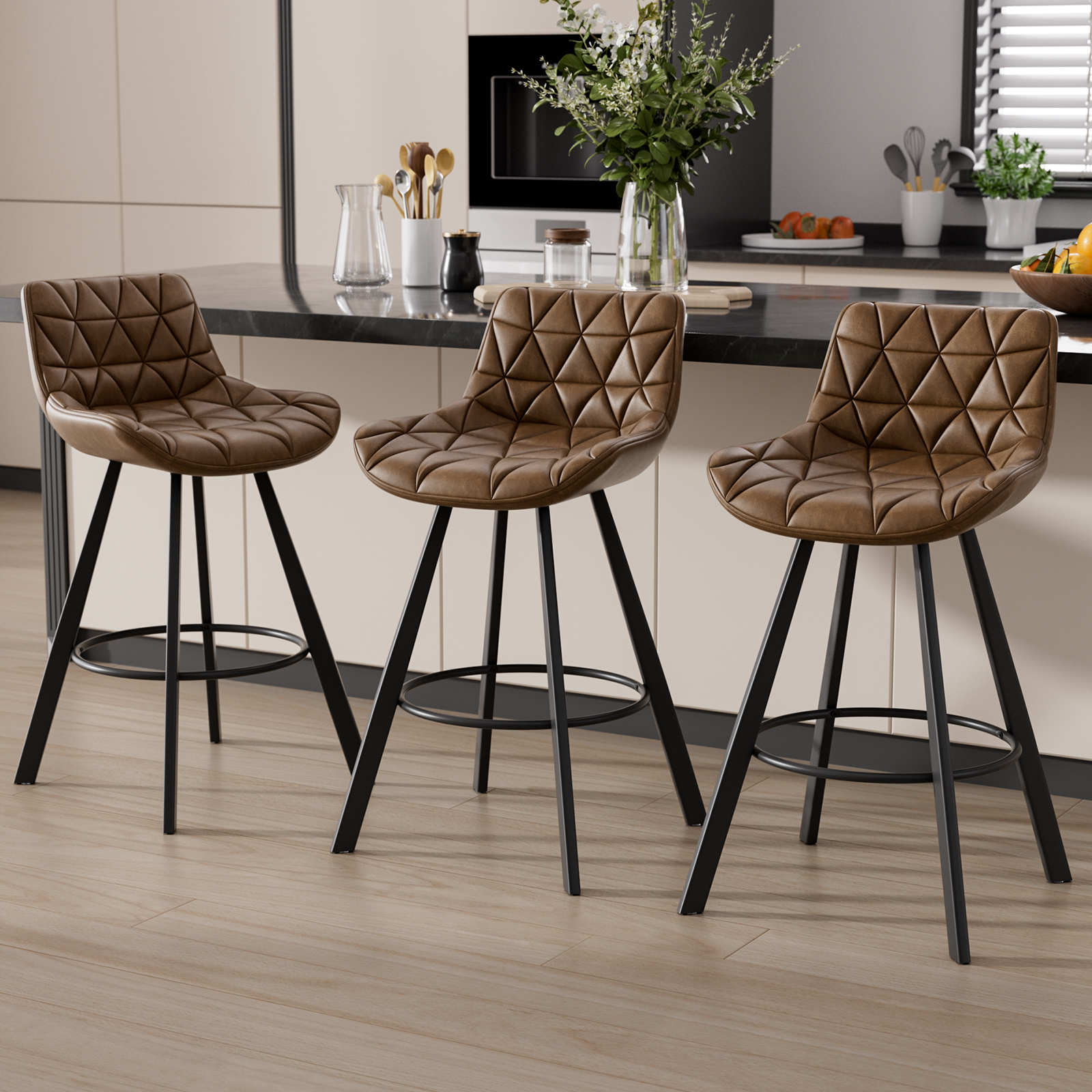 Genpo Bar Stools Set of 3, 26" Kitchen Counter Height Bar Stools with Back Metal Legs and Footrest, Brown Leather Barstools for Kitchen Island