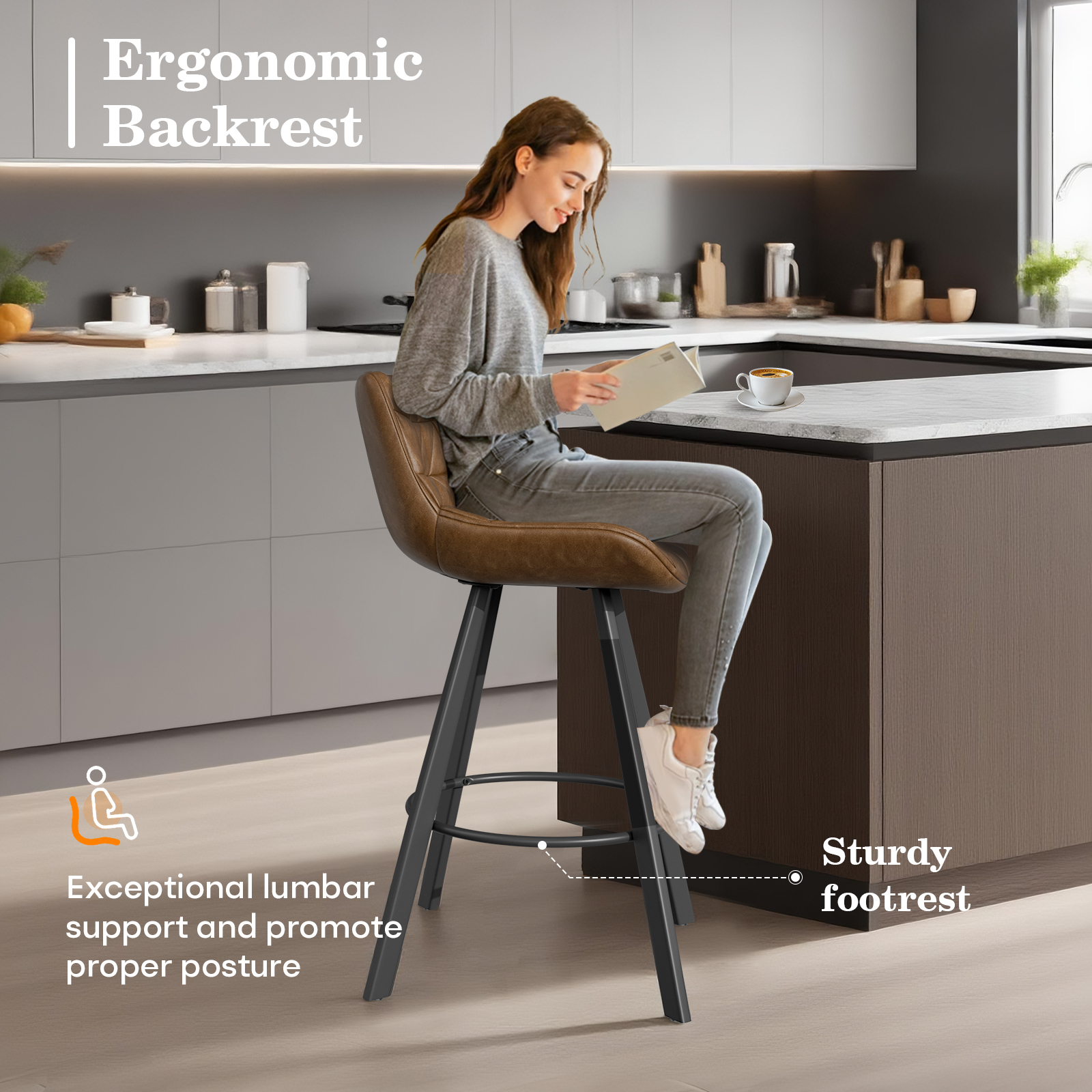 Genpo Bar Stools Set of 6, 26" Kitchen Counter Height Bar Stools with Back Metal Legs and Footrest, Brown Leather Barstools for Kitchen Island - Image 3