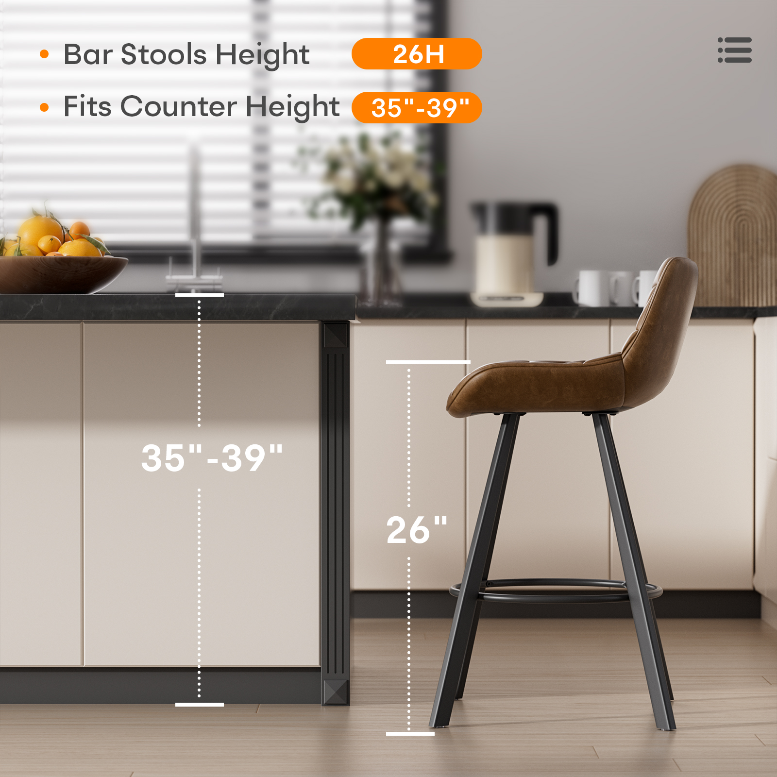 Genpo Bar Stools Set of 6, 26" Kitchen Counter Height Bar Stools with Back Metal Legs and Footrest, Brown Leather Barstools for Kitchen Island - Image 4