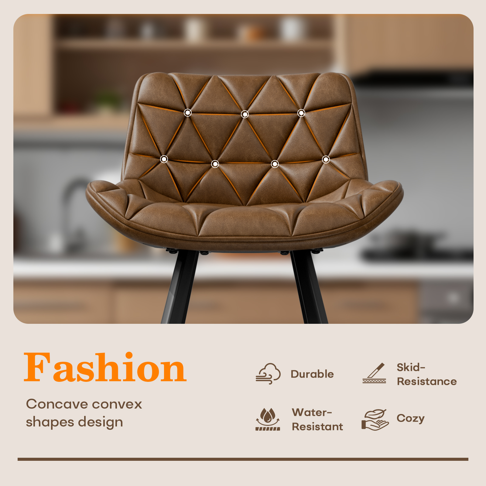 Genpo Bar Stools Set of 6, 26" Kitchen Counter Height Bar Stools with Back Metal Legs and Footrest, Brown Leather Barstools for Kitchen Island - Image 5