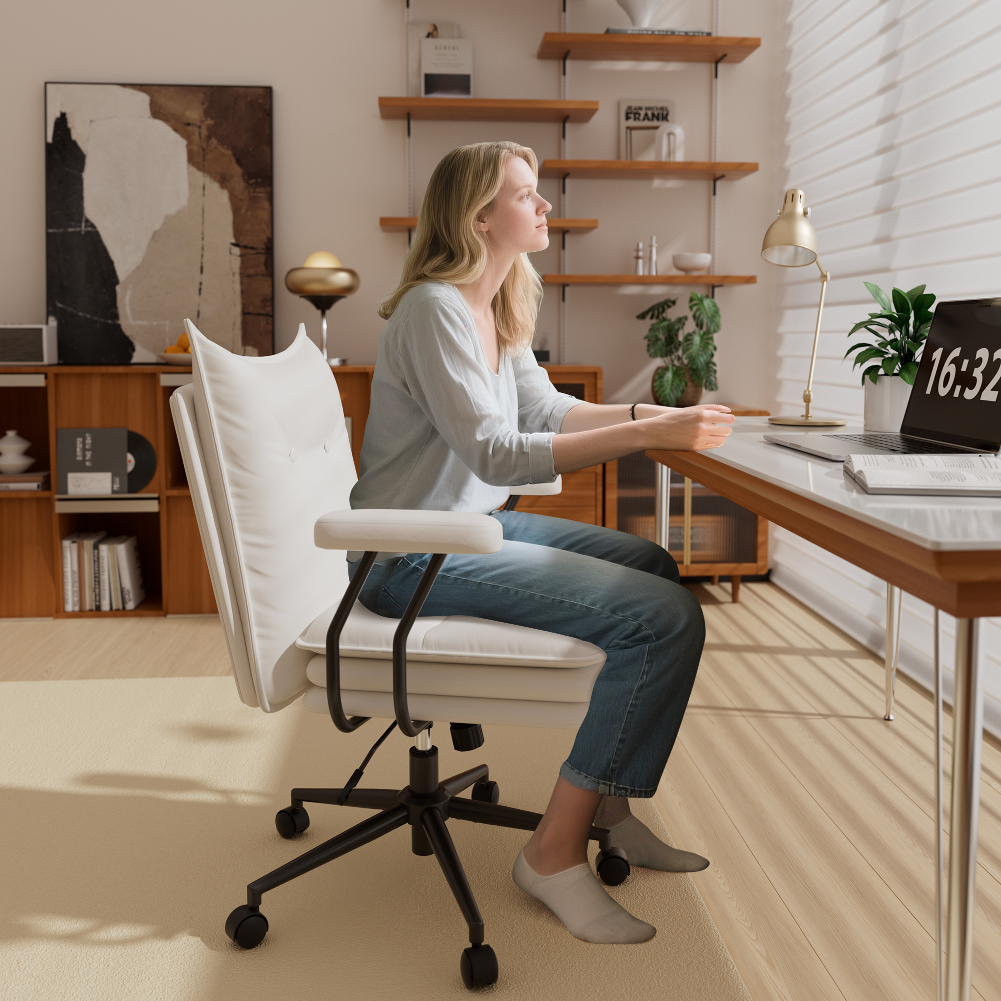 Genpo White Leather Computer Desk Chairs 300lbs for Adults, Vanity Chair with Wheels, Padded Arms, Thickened & Widened Back and Seat for Home Office Makeup - Image 8