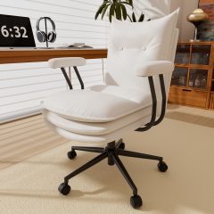 Genpo White Leather Computer Desk Chairs 300lbs for Adults, Vanity Chair with Wheels, Padded Arms, Thickened & Widened Back and Seat for Home Office Makeup