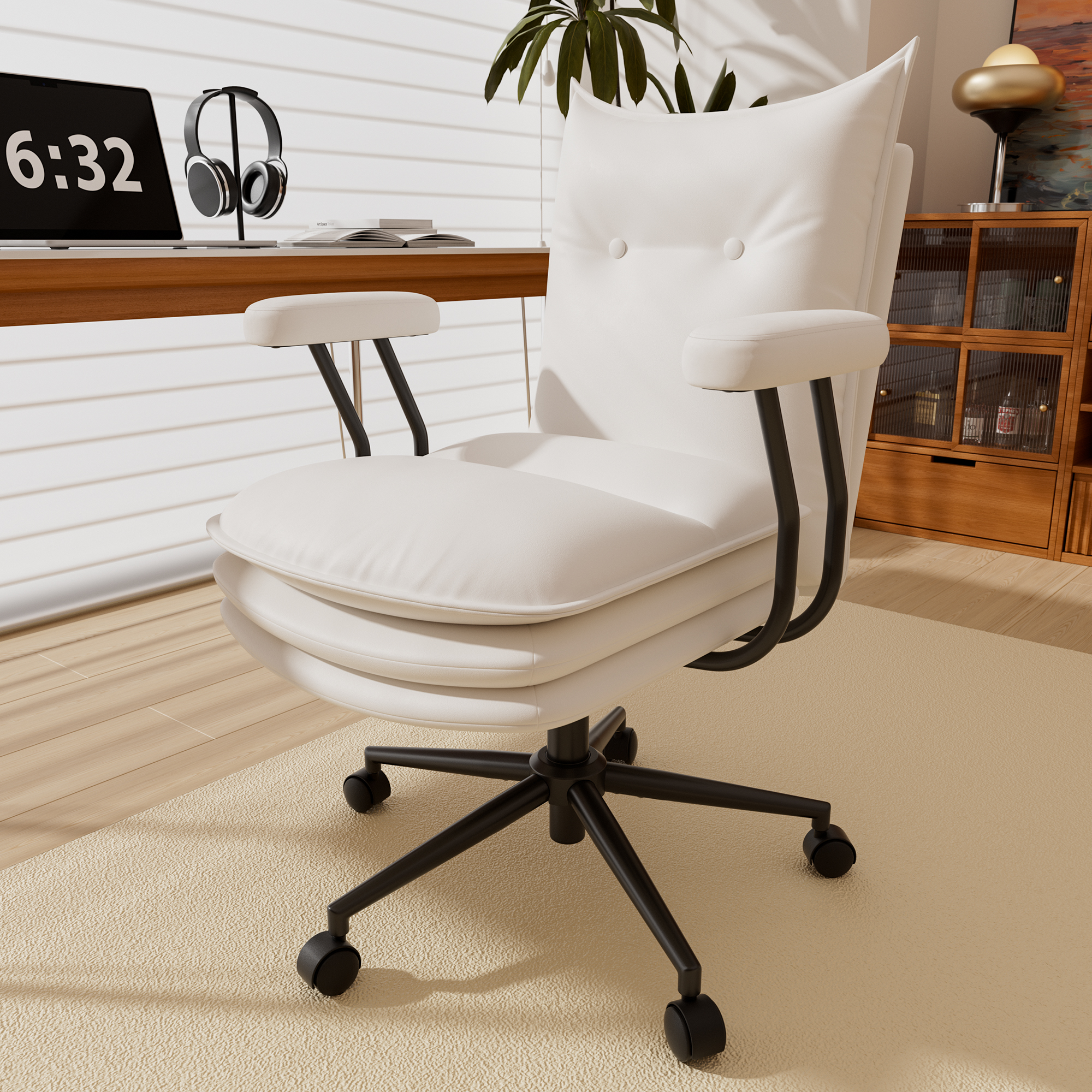 Genpo White Leather Computer Desk Chairs 300lbs for Adults, Vanity Chair with Wheels, Padded Arms, Thickened & Widened Back and Seat for Home Office Makeup
