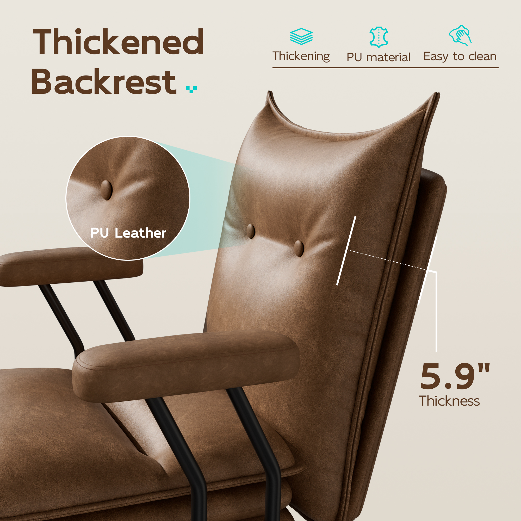 Genpo Brown Leather Computer Desk Chairs 300lbs for Adults, Vanity Chair with Wheels, Padded Arms, Thickened & Widened Back and Seat for Home Office Makeup - Image 5