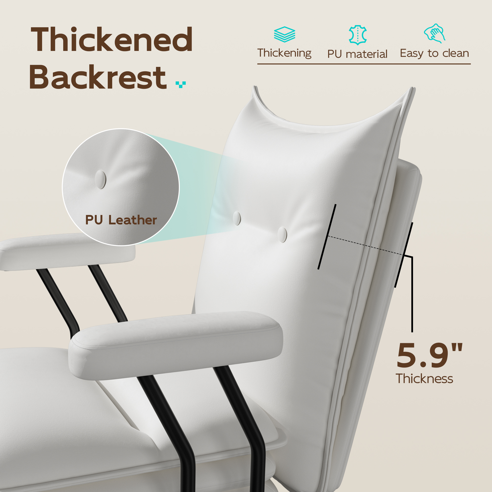 Genpo White Leather Computer Desk Chairs 300lbs for Adults, Vanity Chair with Wheels, Padded Arms, Thickened & Widened Back and Seat for Home Office Makeup - Image 6