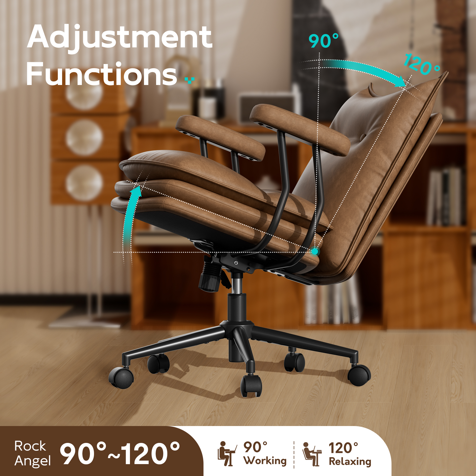 Genpo Brown Leather Computer Desk Chairs 300lbs for Adults, Vanity Chair with Wheels, Padded Arms, Thickened & Widened Back and Seat for Home Office Makeup - Image 6