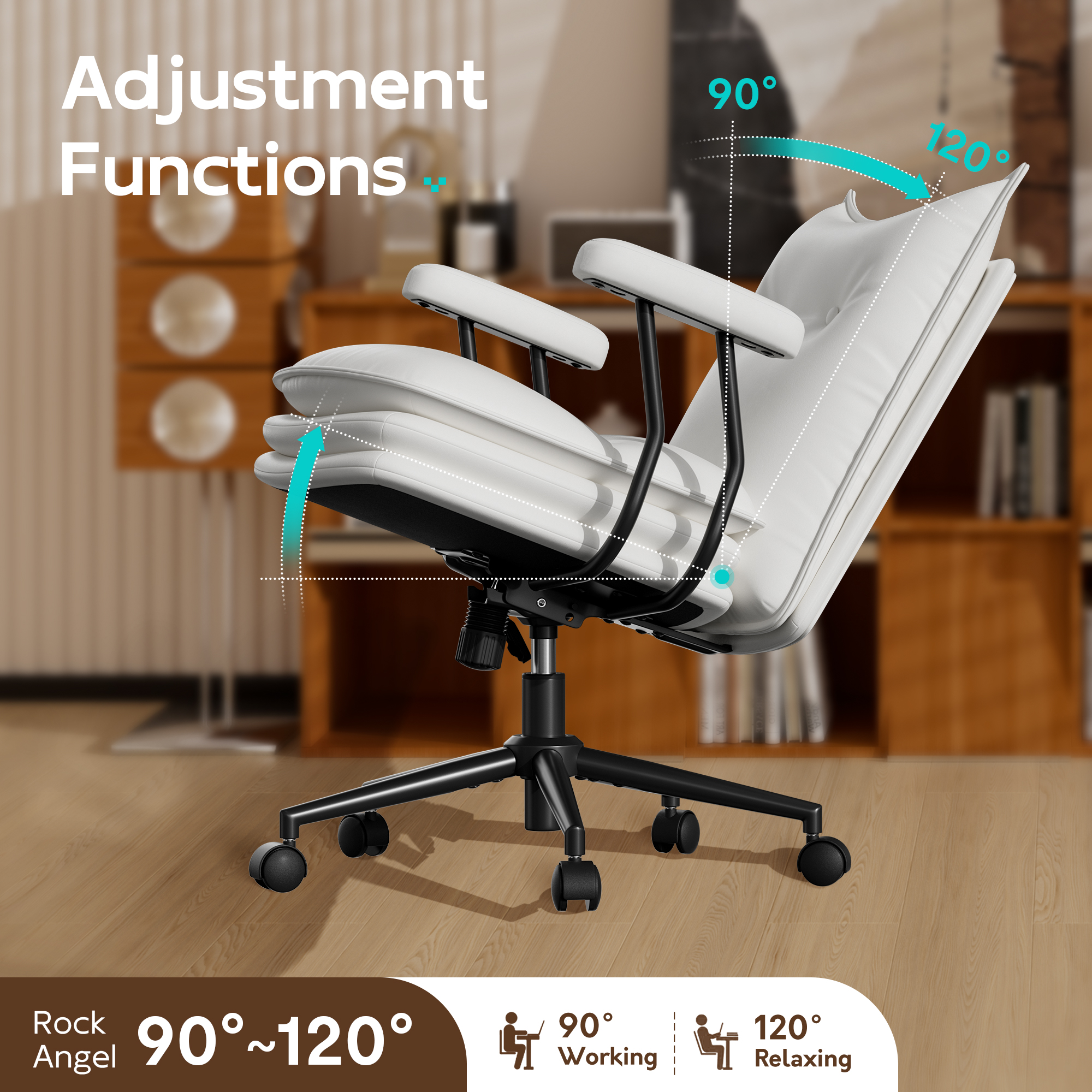 Genpo White Leather Computer Desk Chairs 300lbs for Adults, Vanity Chair with Wheels, Padded Arms, Thickened & Widened Back and Seat for Home Office Makeup - Image 7